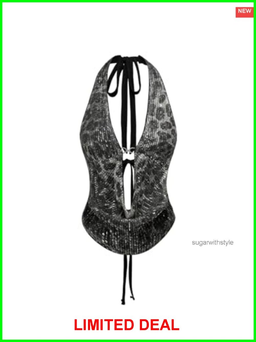 Y2K Sequin Cheetah Print Halter Top Self Tie Plunge Asymmetrical Party Club